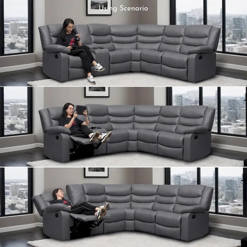 Canapé d'angle modulable inclinable manuel 106 avec 1 console et 2 porte-gobelets, salon/bureau