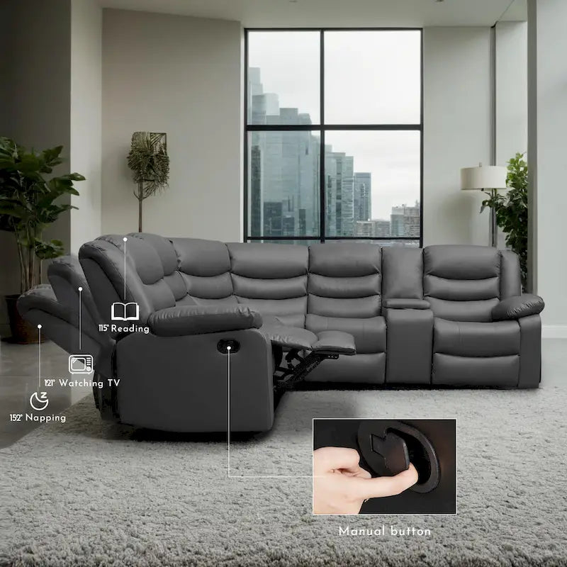 Canapé d'angle modulable inclinable manuel 106 avec 1 console et 2 porte-gobelets, salon/bureau