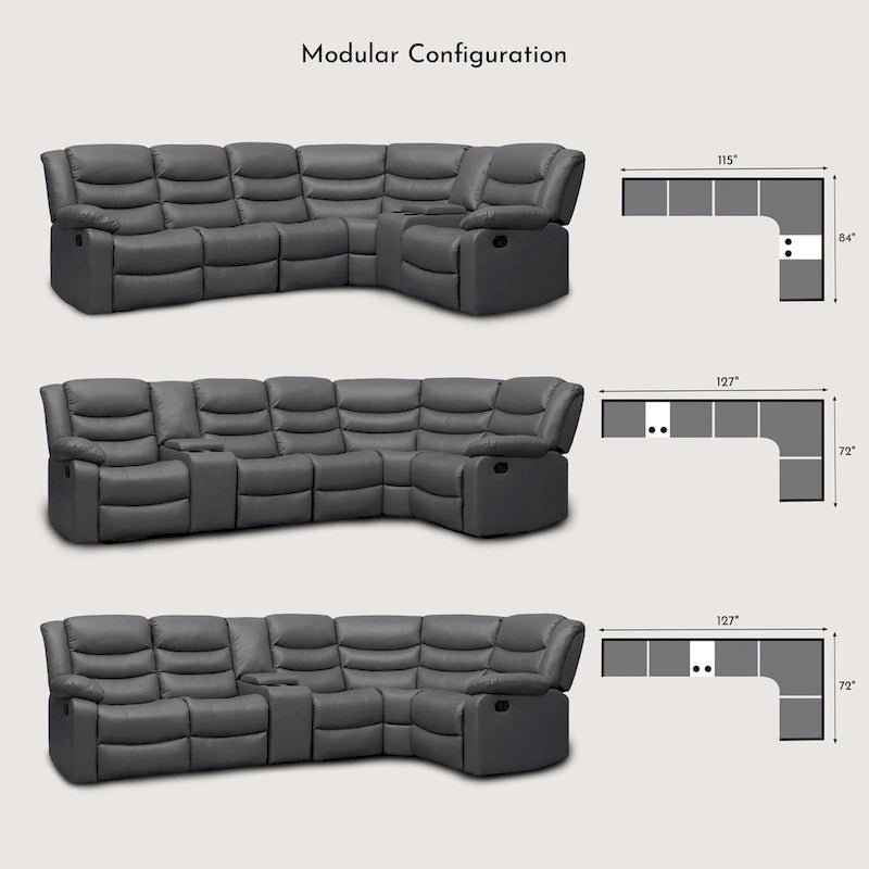 Canapé d'angle modulable inclinable manuel 106 avec 1 console et 2 porte-gobelets, salon/bureau