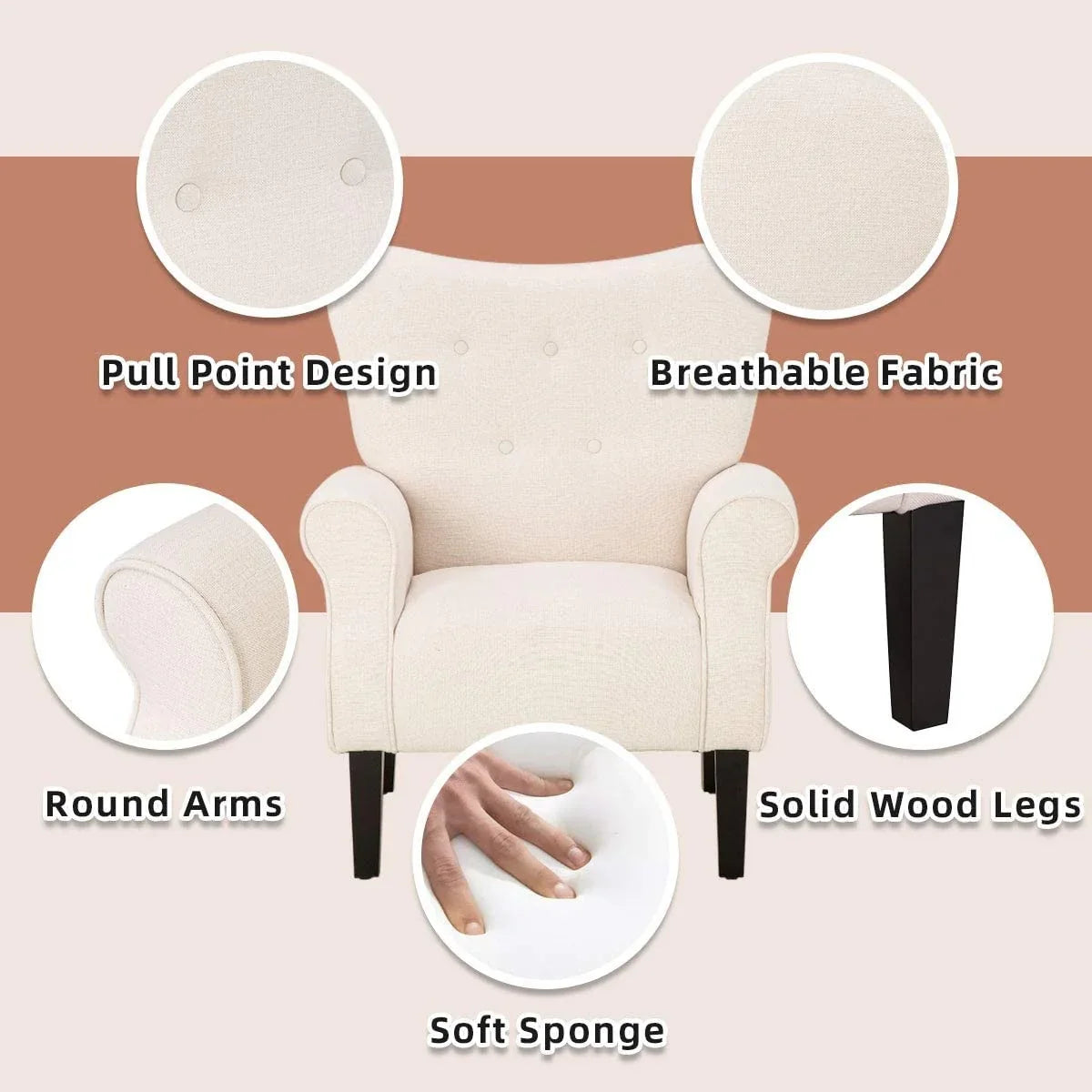 Fauteuil d'appoint moderne Erommy, fauteuil à dossier haut, canapé simple en tissu rembourré avec boutons et pieds en bois pour salon