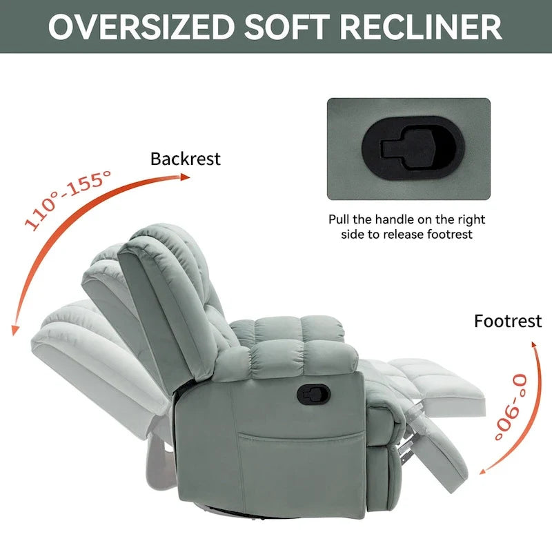 Fauteuil inclinable manuel vert surdimensionné avec pivotement, basculement et revêtement en tissu