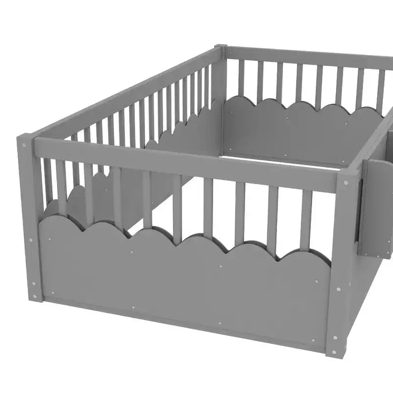 Lit d'enfant Bellemave avec clôture rehaussée et étagère, cadre de lit Montessori double en bois pour filles et garçons