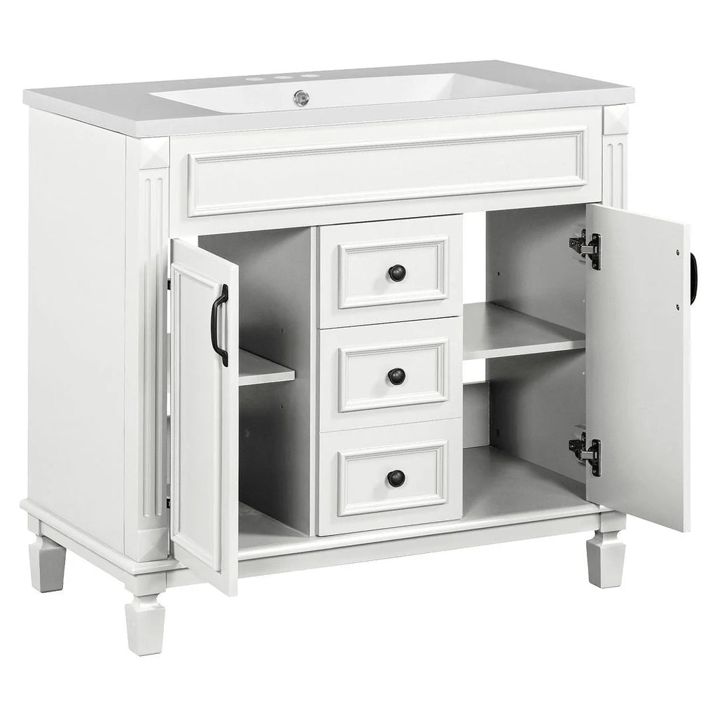 Meuble-lavabo de salle de bain moderne de 91 cm avec lavabo et armoire de toilette, 2 portes et 2 tiroirs