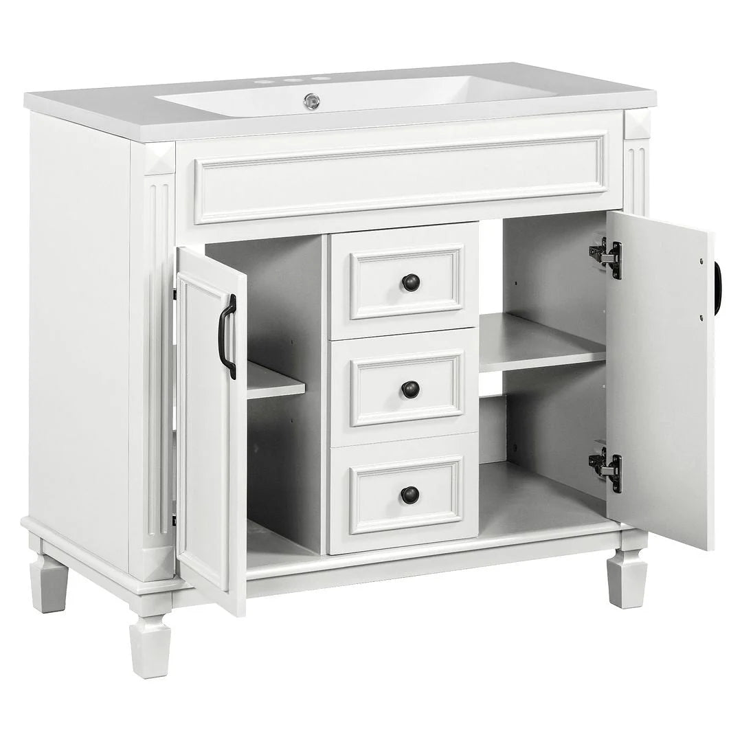 Meuble-lavabo de salle de bain moderne de 91 cm avec lavabo et armoire de toilette, 2 portes et 2 tiroirs