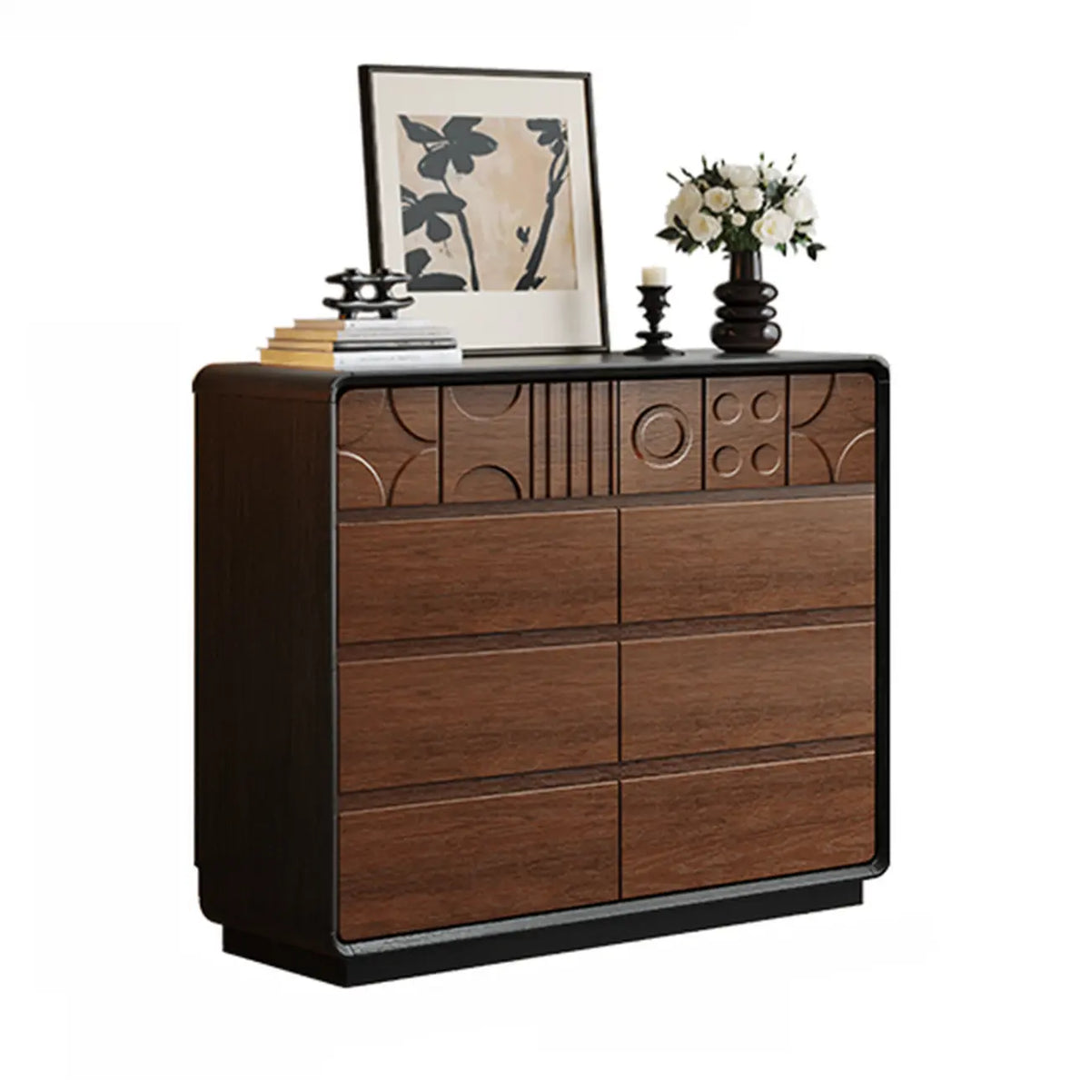 Commode en bois d'inspiration Art déco avec sculptures géométriques