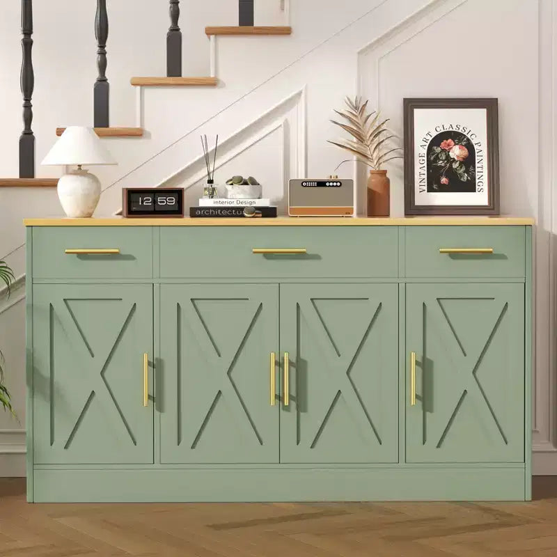 Buffet de cuisine Celebalcony avec rangement, grand buffet de cuisine de 135,6 cm avec 3 tiroirs et 4 portes, étagère réglable pour cuisine, salon