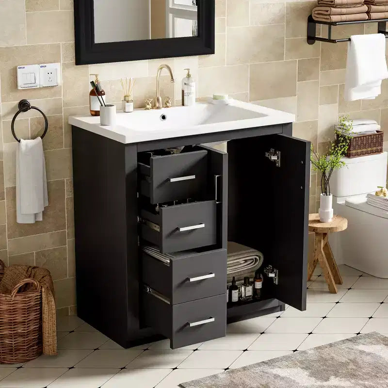 Meuble-lavabo de salle de bain 30 po avec armoire et 3 tiroirs – Noir / Bleu / Vert / Indigo / Blanc