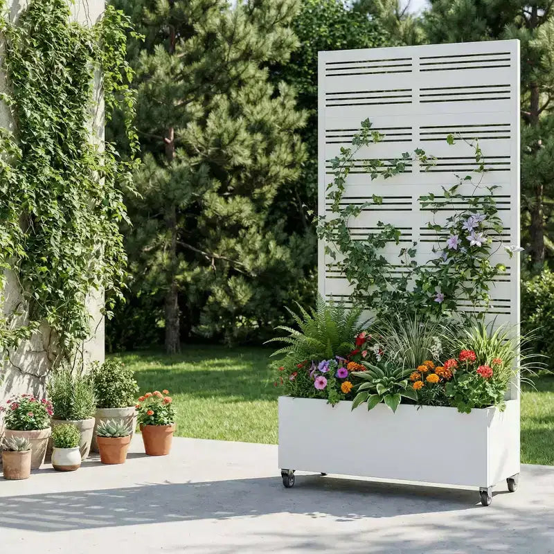 Jardinière rectangulaire en fer forgé blanc MAYEERTY avec treillis (Harold Large-Étroit à persiennes), 72x35x16, 5 pièces Décoration de jardin intérieur extérieur