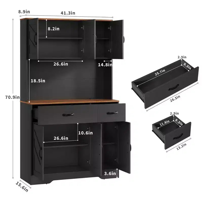Meuble de cuisine de 71 pouces avec station de recharge, grand plan de travail, support à micro-ondes et 2 tiroirs, rangement de type « hutch » pour salle à manger et salon