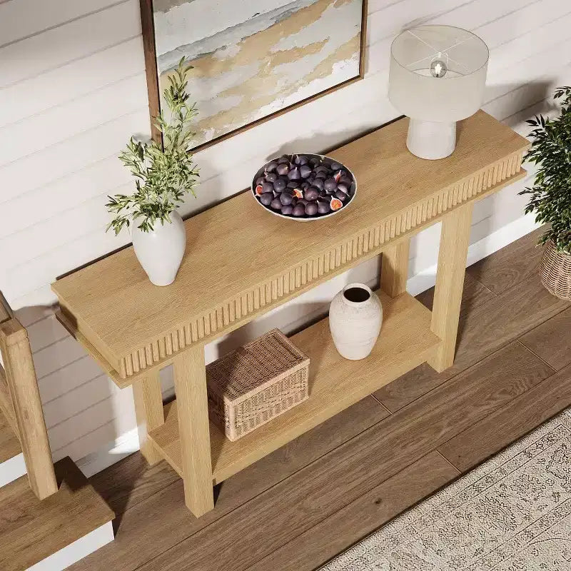 Console en bois cannelé de style campagnard, 2 niveaux avec étagère de rangement, table d'entrée rectangulaire étroite, derrière le canapé, pour hall d'entrée, couloir, salon