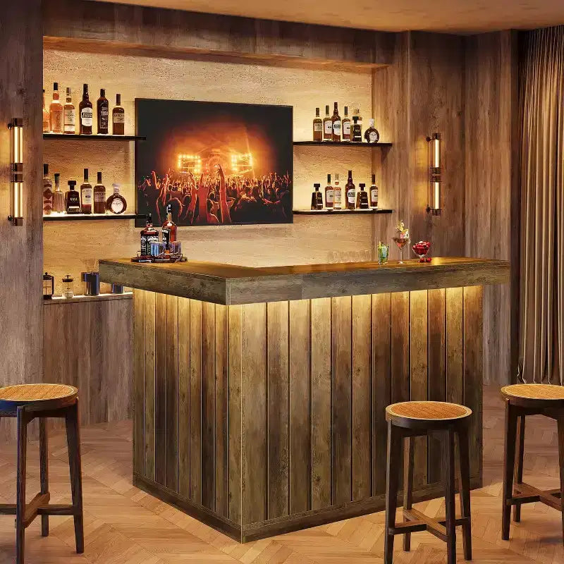 Bar de salon en L Lantine, bar à liqueurs d'angle à 4 niveaux avec étagères de rangement et porte-verres à vin pour pub à domicile