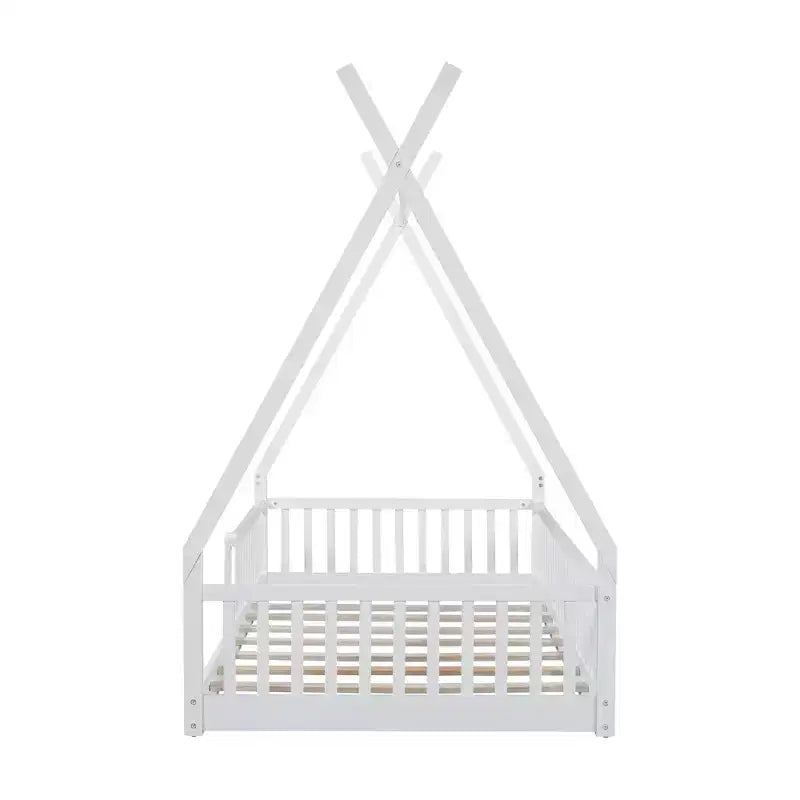 Lit de sol pour enfants, lits cabane doubles, lit de sol Montessori avec lattes et barrières de protection, cadre de lit cabane en bois pour garçons et filles