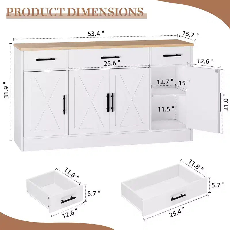 Buffet de cuisine Celebalcony avec rangement, grand buffet de cuisine de 135,6 cm avec 3 tiroirs et 4 portes, étagère réglable pour cuisine, salon