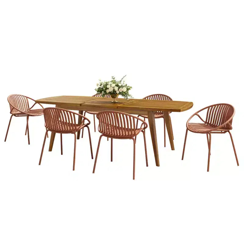 Ensemble de salle à manger d'extérieur 7 pièces extensible avec chaises empilables, table en bois d'acacia