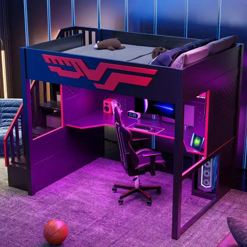 Lit mezzanine pleine grandeur pour gamer avec bureau et lumière LED, lit surélevé pleine grandeur en bois avec escalier de rangement et USB, rouge + noir