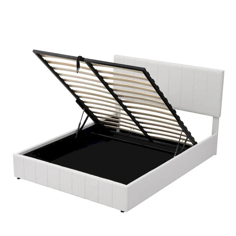 Lit plateforme rembourré Queen avec système de rangement hydraulique - Beige