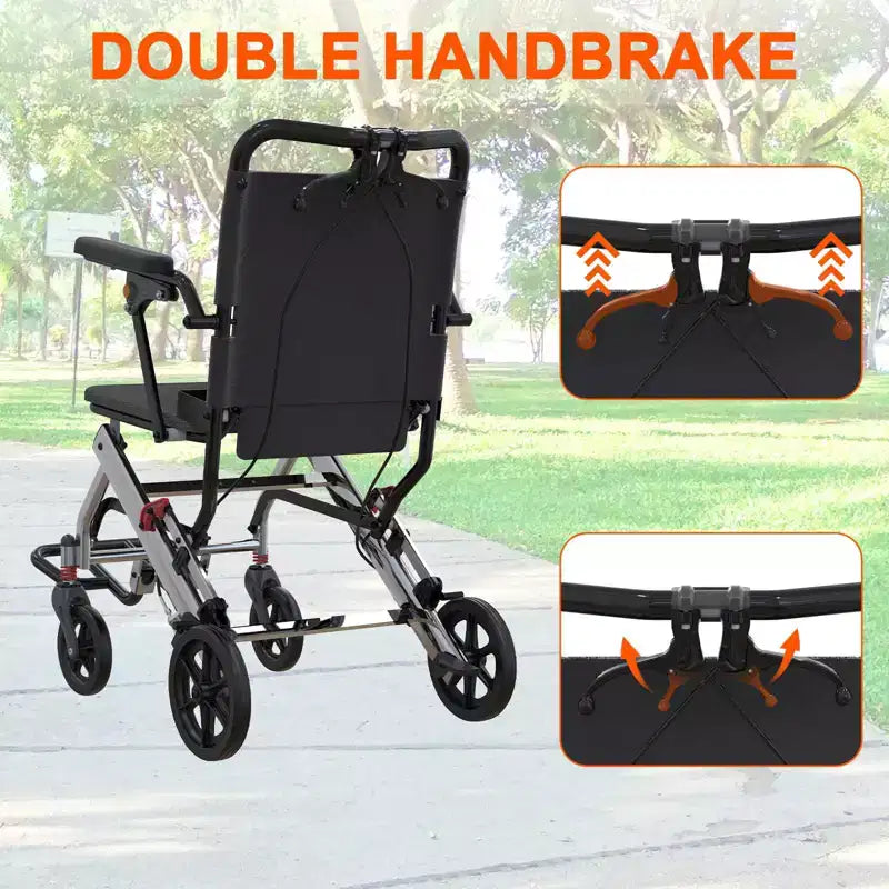Fauteuil roulant de transport ultra-léger pour personnes âgées, fauteuil de transport pliable et portable, avec frein à main verrouillable et accoudoirs escamotables amovibles