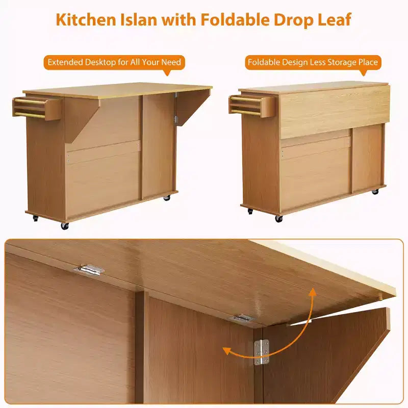 Table îlot mobile 55 avec prise de courant et abattant, chariot de cuisine roulant avec poubelle intégrée pour cuisine