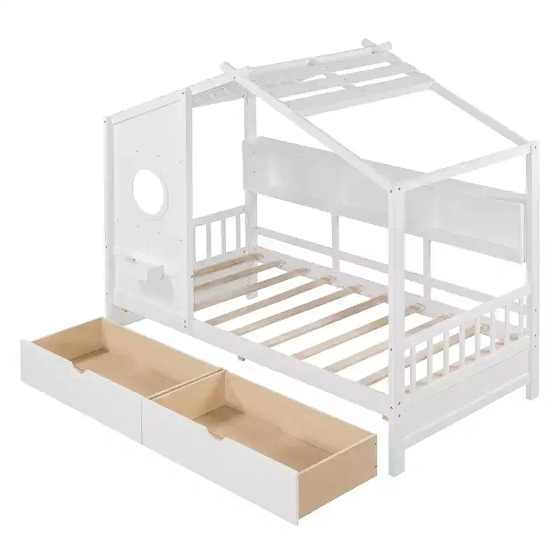 Lit cabane en bois double/complet avec 2 tiroirs, lit pour enfants avec étagère de rangement - ModernLuxe