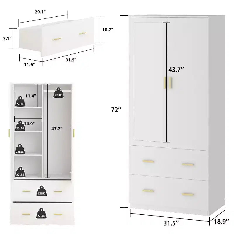 Hitow Armoire de rangement double tiroir avec portes miroir et zones de rangement
