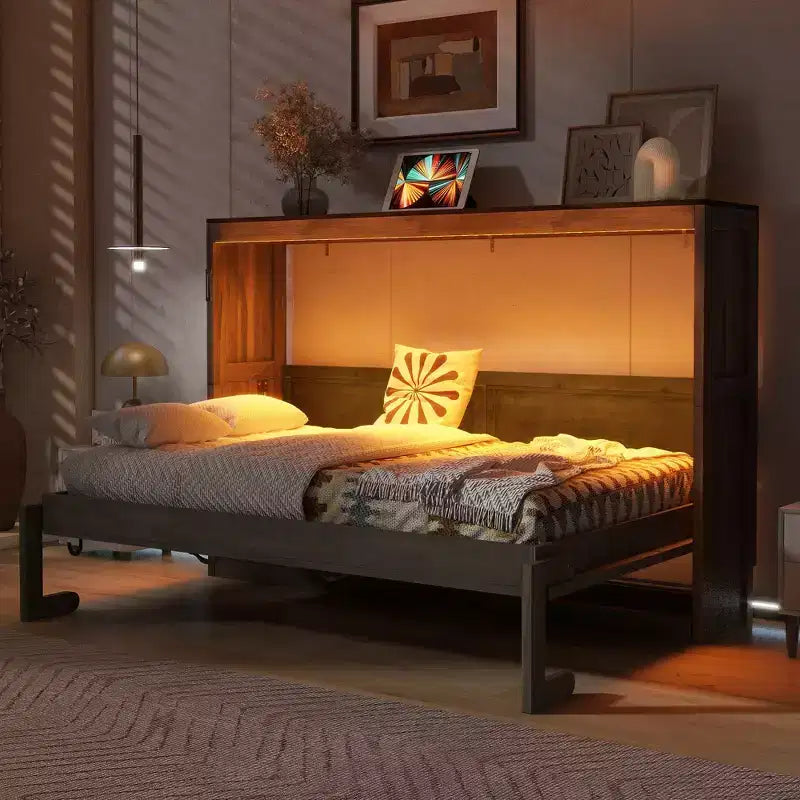 Lit escamotable double avec éclairage LED, peut être plié en armoire, armoire-lit murale dissimulée pour chambre d'amis