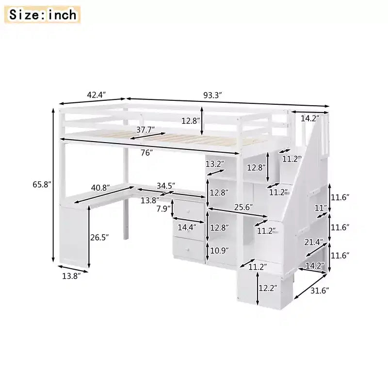 Lit mezzanine une place avec bureau en L, 3 tiroirs, placard, rangements intégrés dans l'escalier, en pin massif/MDF