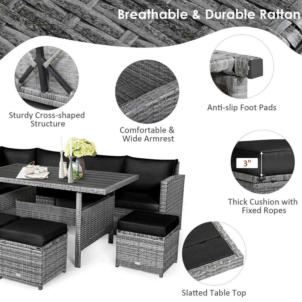 Ensemble de salle à manger Costway 7 pièces en rotin pour terrasse, canapé sectionnel et pouf - Voir détails