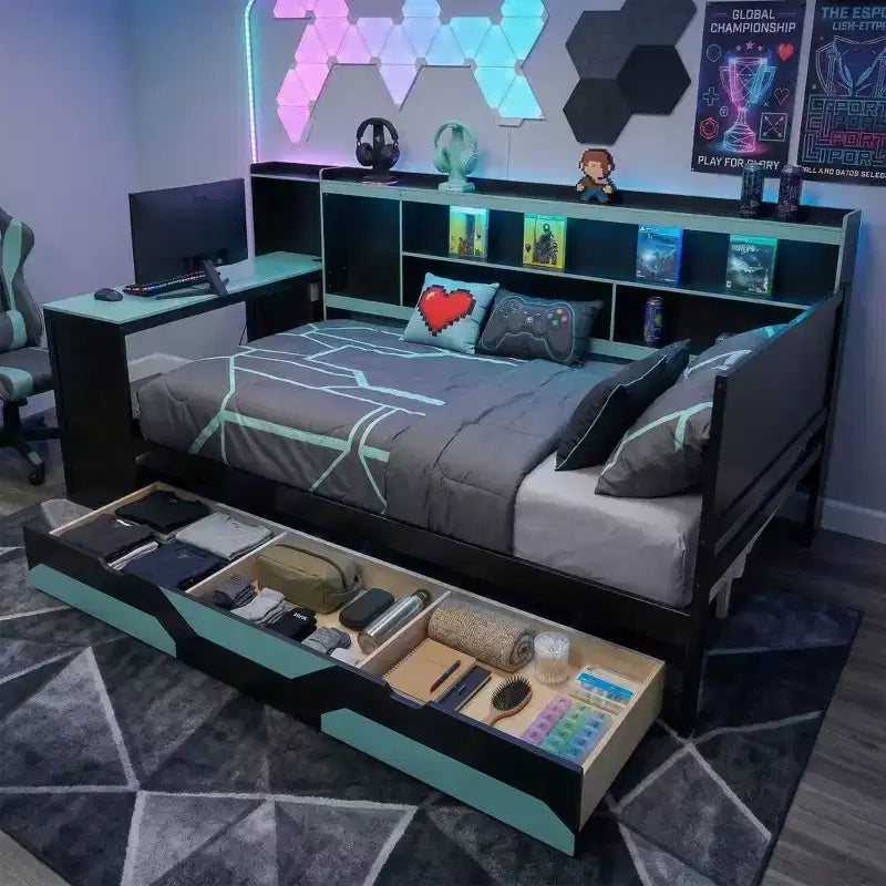 Lit de repos Gamer Hub avec bureau, lumières RGB, station de recharge, tiroirs de rangement et tête de lit bibliothèque