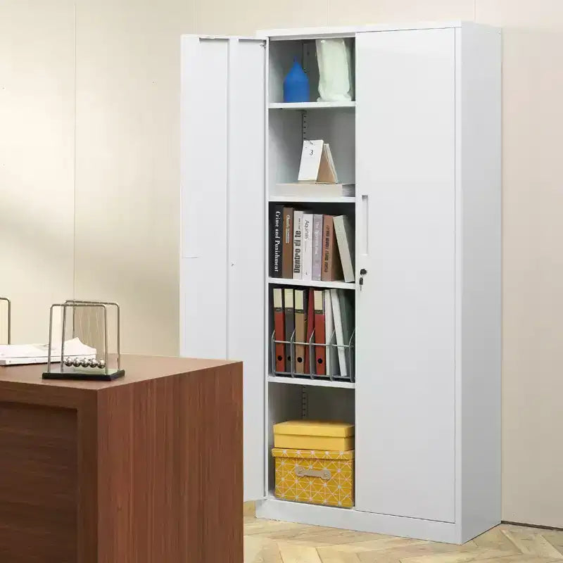 Armoire de rangement en métal VEVOR, armoire de rangement en acier verrouillable avec 2 portes magnétiques et 4 étagères réglables, armoire métallique de 71'' de capacité 200 lbs, blanche
