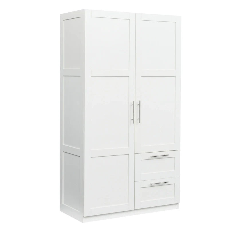 Armoire de rangement en bois blanc avec portes, tiroirs et tringle à vêtements