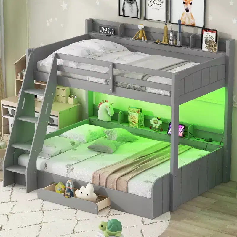 Lit superposé double sur toute la longueur avec rangement, lumières LED et station de charge, lit superposé en bois avec étagères latérales pour enfants et adolescents