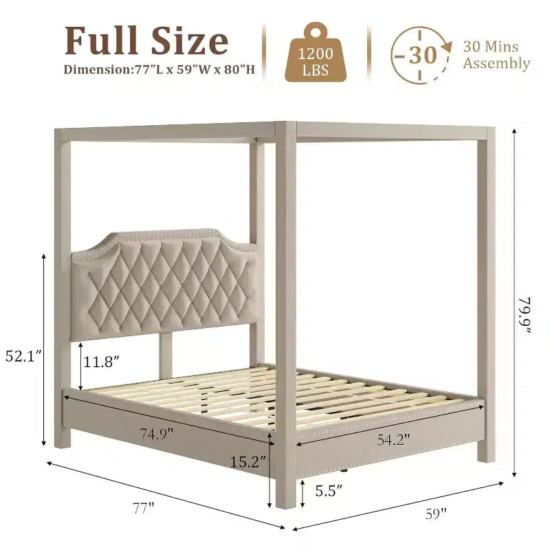Cadre de lit à baldaquin Queen Size avec 4 poteaux, supports d'angle, sommier à lattes en bois massif, pas besoin de sommier tapissier, sans bruit