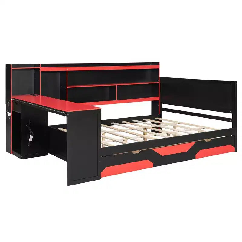 Lit de repos Gamer Hub avec bureau, lumières RGB, station de recharge, tiroirs de rangement et tête de lit bibliothèque