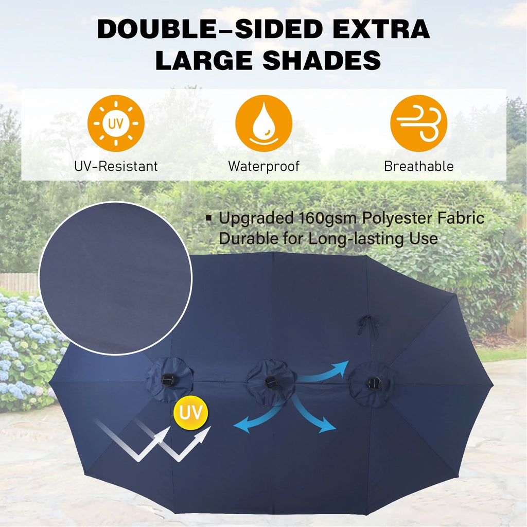 Parasol de marché extérieur rectangulaire de 4,5 m avec manivelle, double face, lumières LED solaires et base incluse