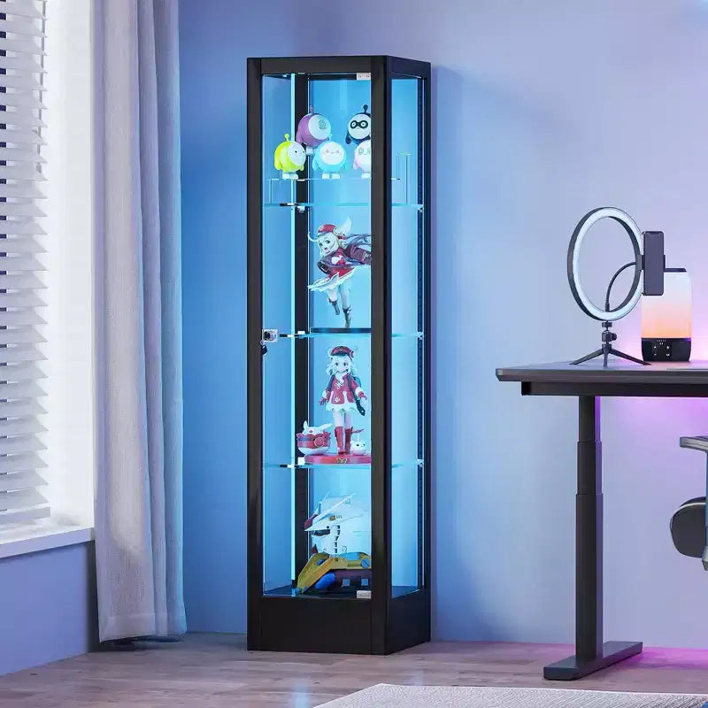 Bekrvio Vitrine d'exposition en verre à 4 niveaux avec serrure, vitrine de collection avec porte en verre trempé de 160 cm et étagères réglables