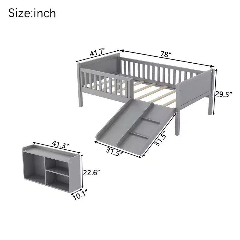 Lit superposé simple Whisen pour enfant avec toboggan, étagère de rangement mobile, balustrades, cadre de lit mezzanine bas