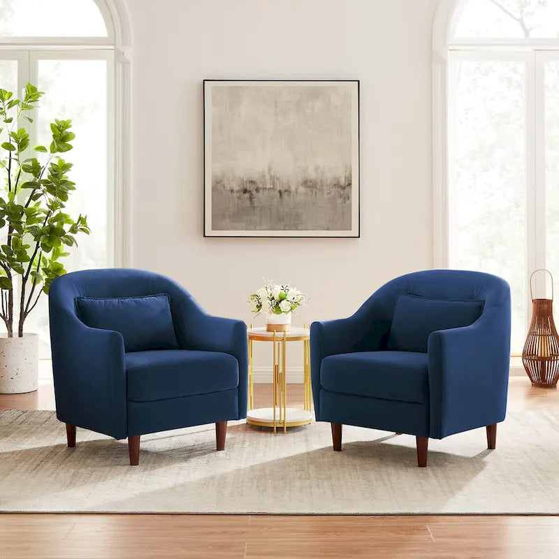 28.34W Lot de 2 fauteuils d'appoint, fauteuil barillet en velours avec pieds en bois massif