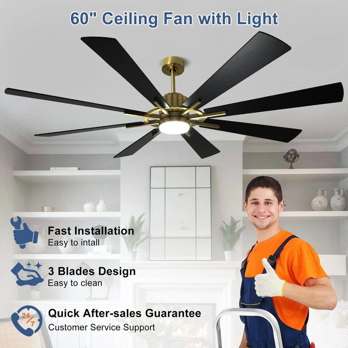 Ventilateur de plafond télécommandé avec lumières, grandes 8 pales en bois