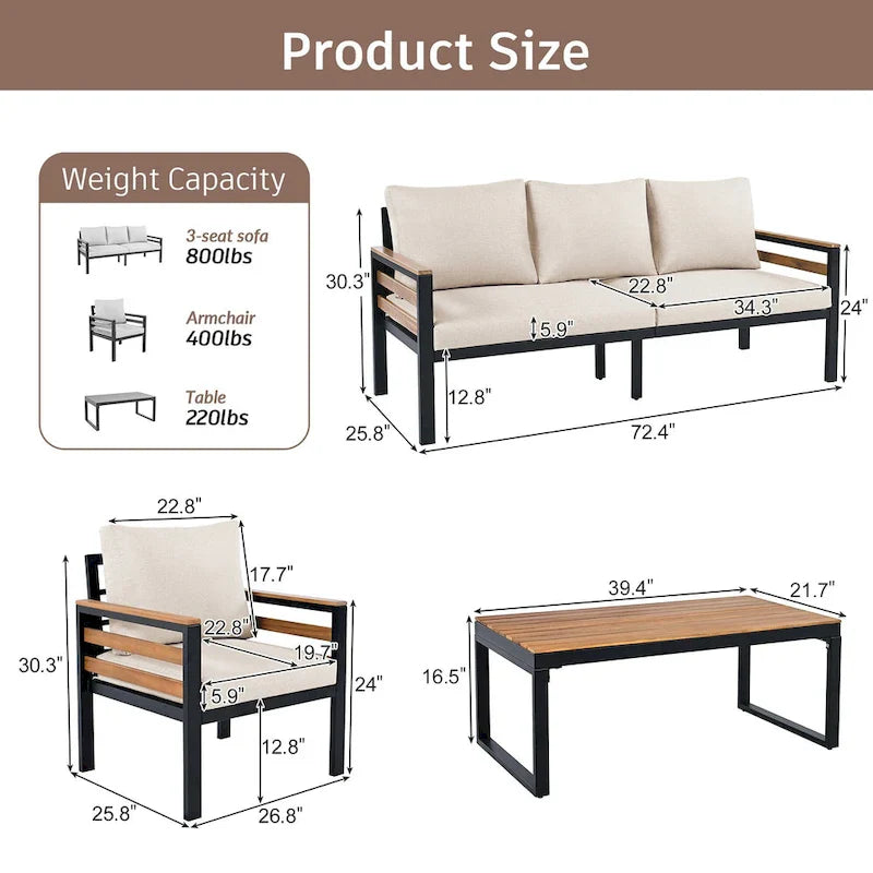 Ensemble de canapés d'extérieur 4 pièces pour 5 personnes avec table basse en bois massif et coussins amovibles