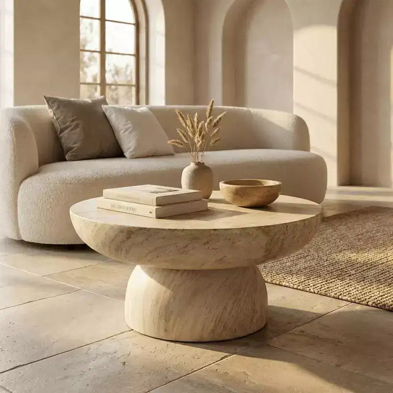 Table basse piédestal ronde en Fiberstone, table d'appoint sculptée pour l'intérieur et l'extérieur avec patins antidérapants