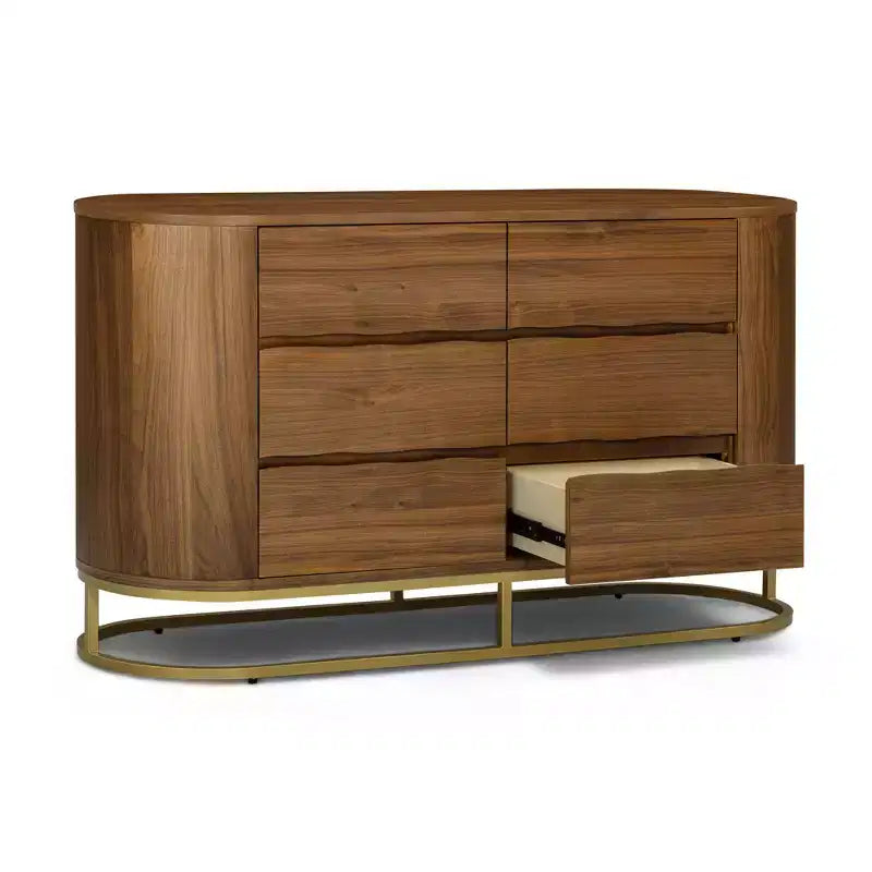 Commode moderne à 6 tiroirs avec plateau Live Edge, piètement en métal et construction en bois mélangé durable