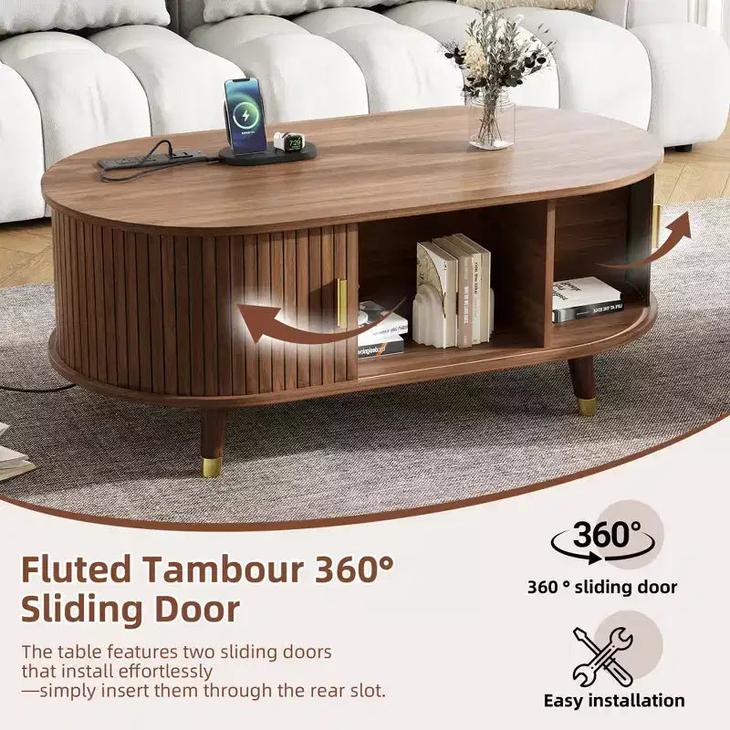 CLIHOME Meuble TV et table basse de ferme en bois avec station de recharge, console multimédia ovale cannelée pour TV jusqu'à 80 pouces