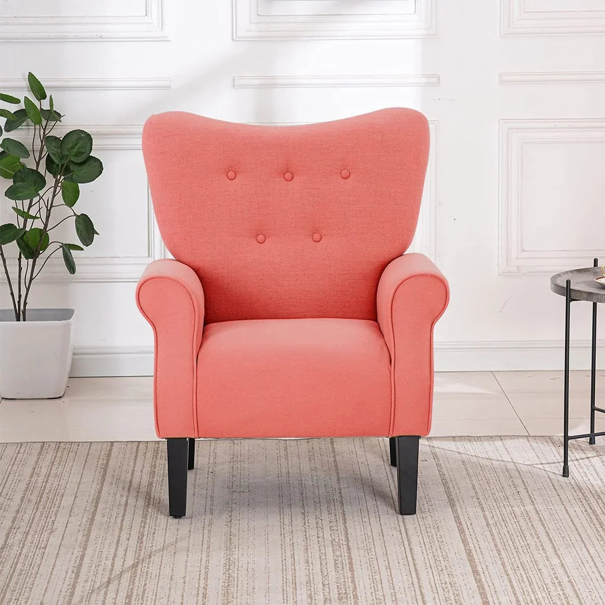 Fauteuil d'appoint moderne Erommy, fauteuil à dossier haut, canapé simple en tissu rembourré avec boutons et pieds en bois pour salon