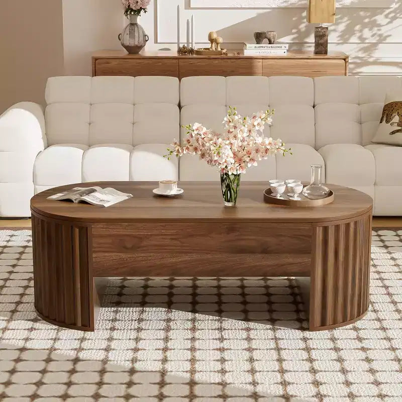 Table basse relevable de 120 cm avec compartiment de rangement caché, ovale, marron