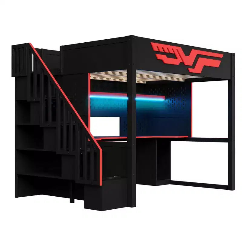 Lit mezzanine pleine grandeur pour gamer avec bureau et lumière LED, lit surélevé pleine grandeur en bois avec escalier de rangement et USB, rouge + noir