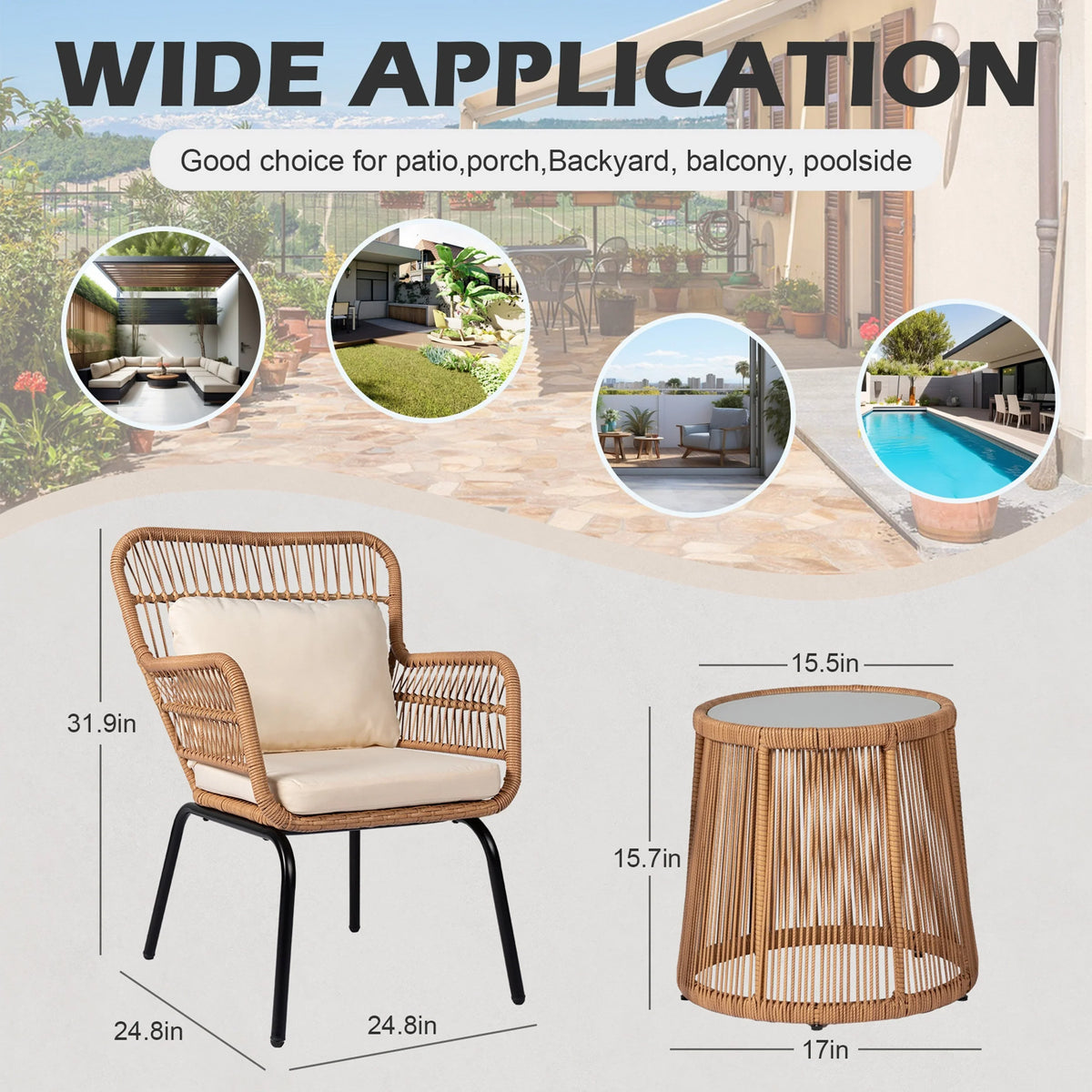 Ensemble bistrot 3 pièces en osier pour conversation, salon de jardin en rotin résistant aux intempéries avec coussins