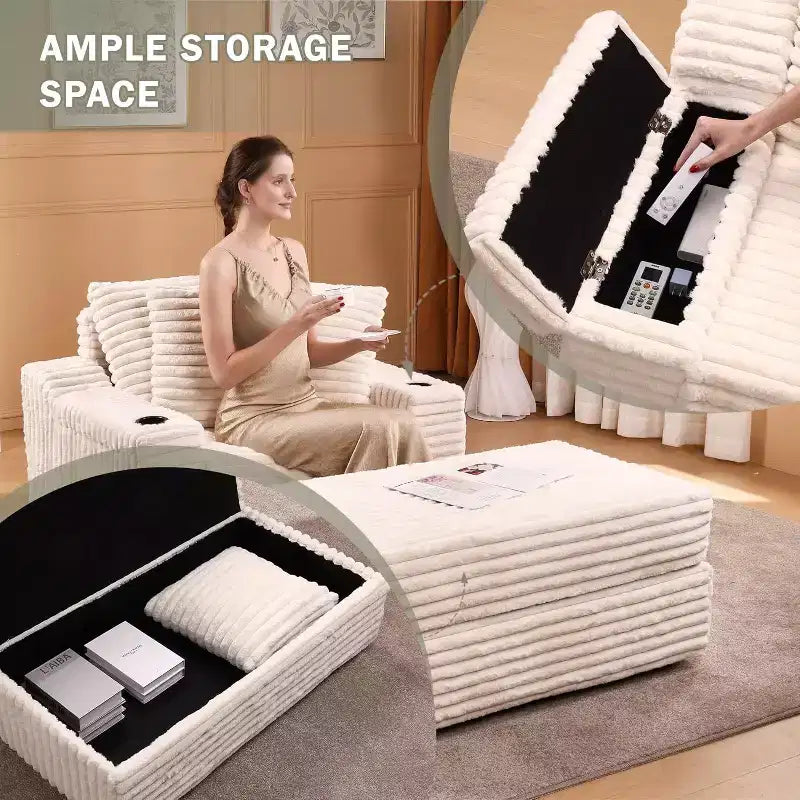 Chaise longue surdimensionnée d'intérieur avec pouf de rangement, canapé-lit en velours côtelé avec 3 oreillers, fauteuil de canapé convertible une place
