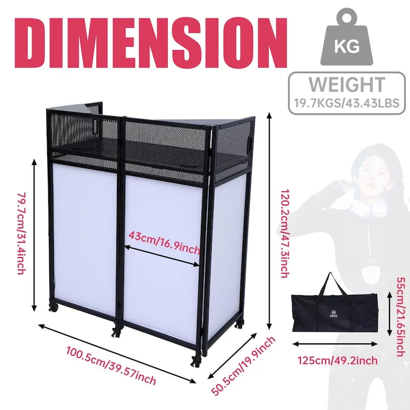 Table de DJ portable avec toiles lumineuses intégrées, étui de transport robuste et dimensions compactes de 40x20 pouces