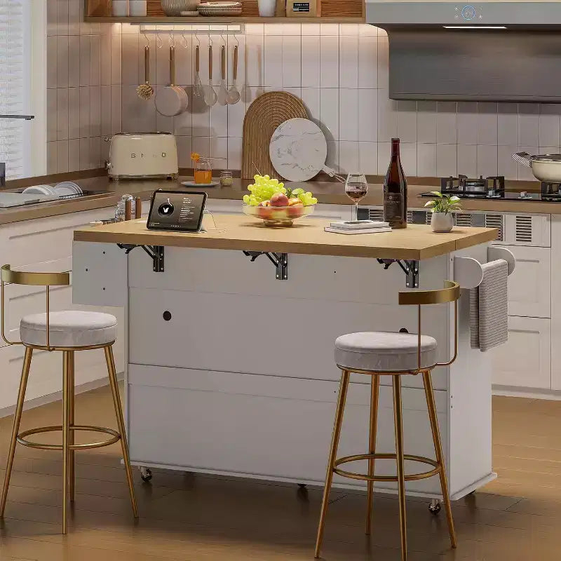 Table îlot mobile 55 avec prise de courant et abattant, chariot de cuisine roulant avec poubelle intégrée pour cuisine