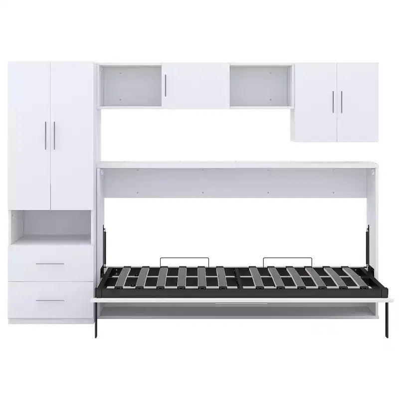 Lit escamotable mural simple, cadre de lit escamotable en bois avec armoire intégrée, tiroirs de rangement et étagères ouvertes, blanc - ModernLuxe